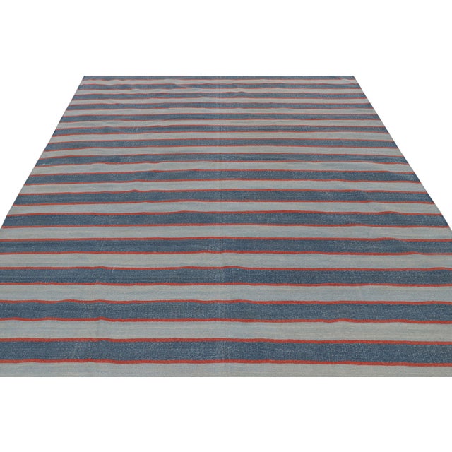 2010s Rug & Kilim’s Contemporary Dhurrie Rug With Blue Stripes and Red Accents For Sale - Image 5 of 7