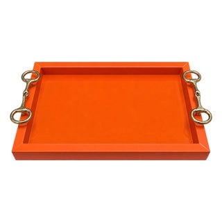 Equestrian Horse Bits Hermes Style Orange Glossy Glass Decorative Cocktail Tray For Sale