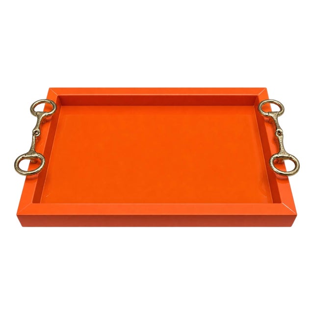 Equestrian Horse Bits Hermes Style Orange Glossy Glass Decorative Cocktail Tray For Sale