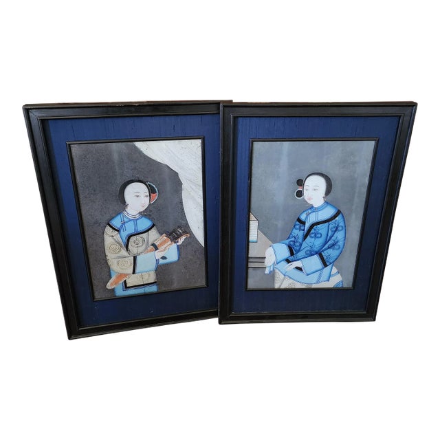 Pair of Antique Chinese Export Reverse Painting on Glass For Sale