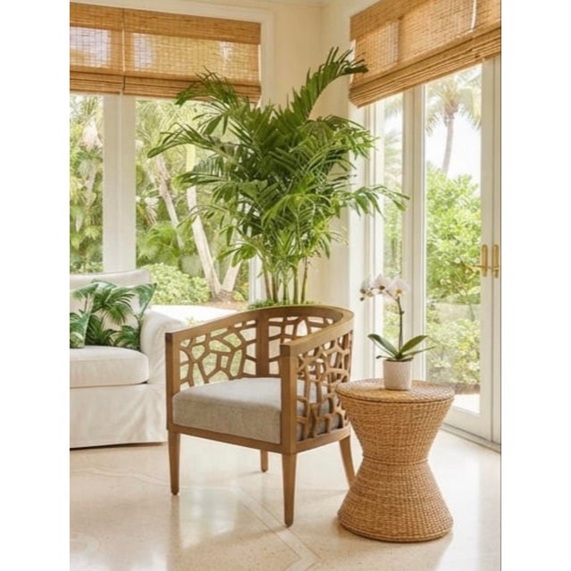 Mid-Century Modern Organic Lattice Teak Barrel Chair With Linen Cushion For Sale - Image 11 of 12