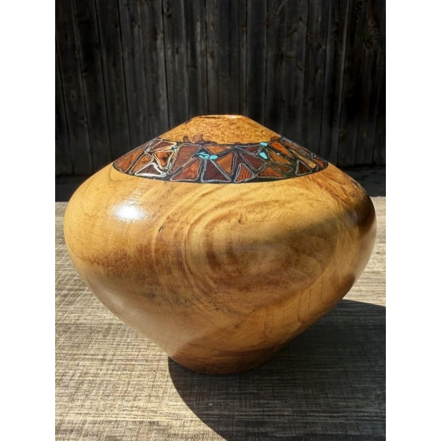 Wood Late 20th Century Signed Studio Spalted Maple Turned Wood Vessel With Copper, Silver Turquoise Inlay For Sale - Image 7 of 10