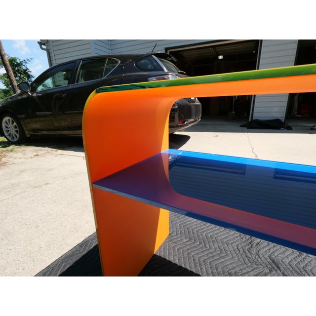 1990s Postmodern Multi-Color Glass Waterfall Console Table With Removable Shelf For Sale In Philadelphia - Image 6 of 9