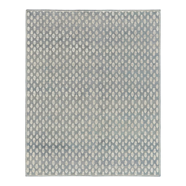 Rug & Kilim’s Modern Block Print Rug in Blue with White Floral Pattern - 8x10 For Sale