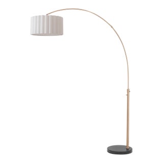 1960s Scallop 92" Arc Floor Lamp - Weathered Brass, Black Marble Base, White Linen Shade, Modern Design For Sale