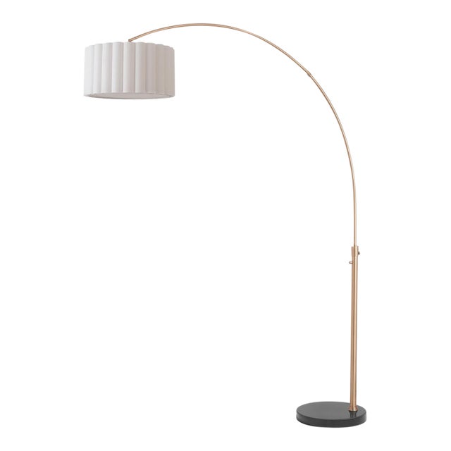 1960s Scallop 92" Arc Floor Lamp - Weathered Brass, Black Marble Base, White Linen Shade, Modern Design For Sale
