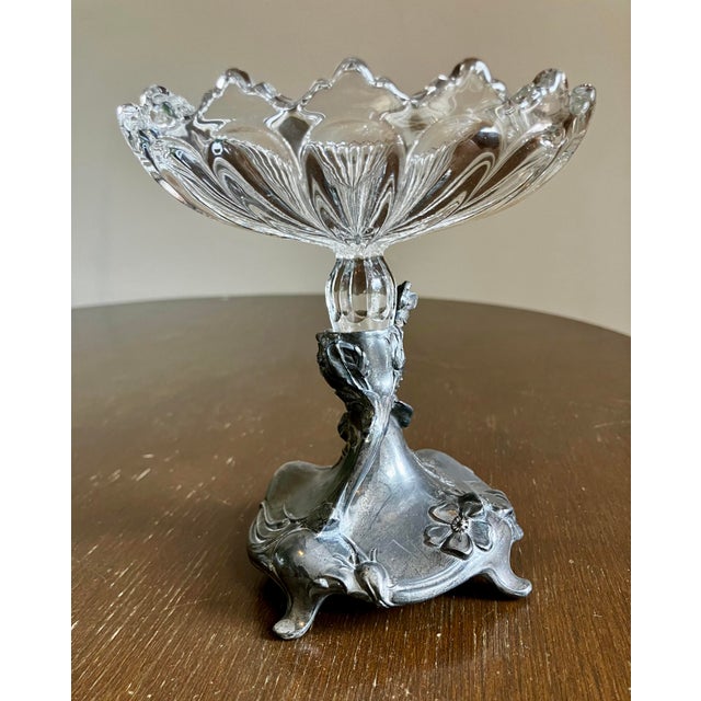 Antique Art Nouveau Figural Floral Spelter and Scalloped Glass Centerpiece Tazza For Sale - Image 4 of 17