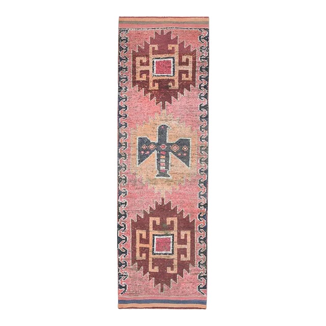 1970s Vintage Turkish Oushak Handmade Wool Cotton Pink Runner Rug For Sale