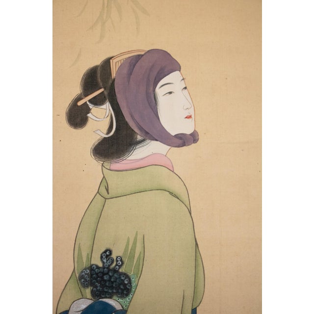 "Beauty Walking Under the Moon", Early Showa Era Japanese Silk Scroll Painting For Sale - Image 12 of 18