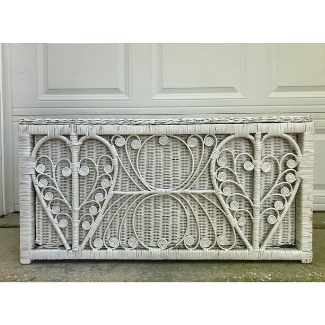 Wood White Fiddlehead Heart Peacock Wicker Rattan Trunk For Sale - Image 7 of 7