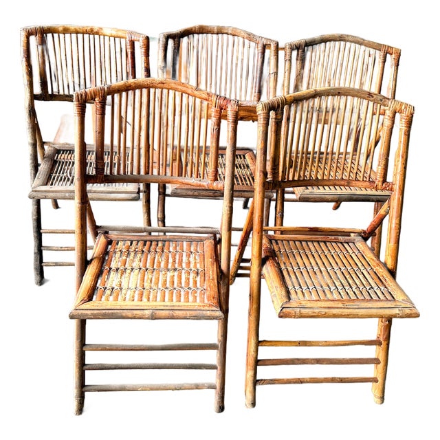 Vintage Scorched Bamboo and Rattan Folding Chairs, Set of 5 For Sale