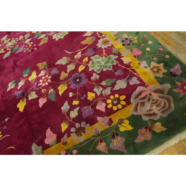 1920s Red Burgundy Floral Antique Chinese Art Deco Carpet 9' X 11'7" Knotted Wool Rug For Sale - Image 11 of 12