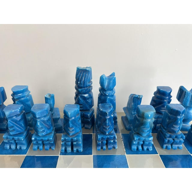 Art Deco Vintage Blue and White Hand Carved Onyx Aztec Design Chess Set For Sale - Image 3 of 12