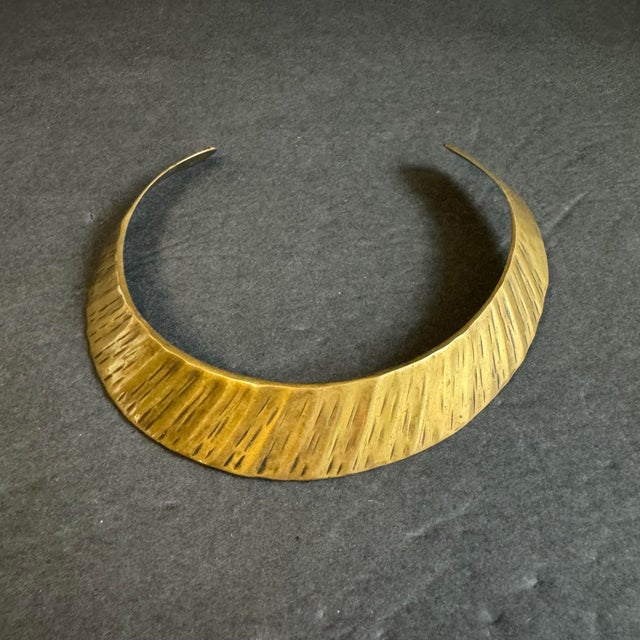 Gold Vintage Solid Brass Collar Torque Necklace Choker Neck Cuff Boho Egyptian Revival Textured For Sale - Image 8 of 11
