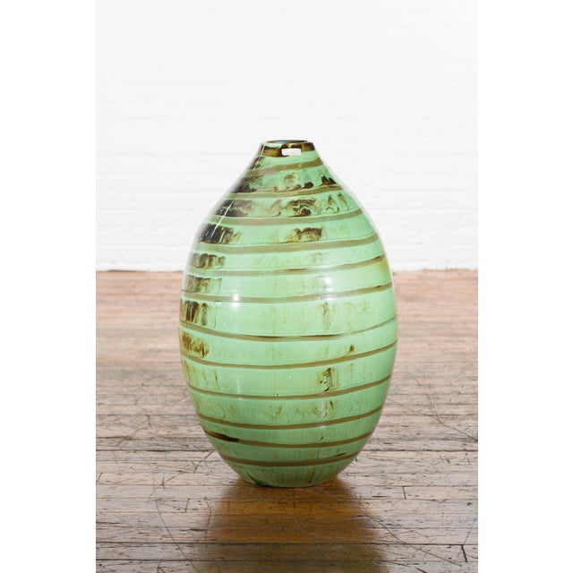 Contemporary Artisan Contemporary Green and Brown Glaze Ceramic Vase with Spiral Decor For Sale - Image 3 of 13