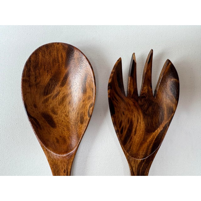 Vintage Hand-Turned Exotic Wood Salad Bowl With Servers - 3 pcs For Sale - Image 10 of 13