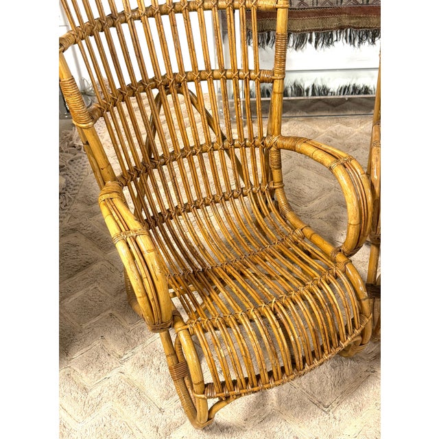 Mid 20th Century Pair of Italian Mid-Century Rattan High-Back Lounge Chairs, Style Franco Albini For Sale - Image 5 of 11