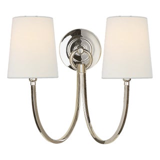 Thomas O'Brien for Visual Comfort Signature Reed Double Sconce in Polished Nickel with Linen Shades For Sale