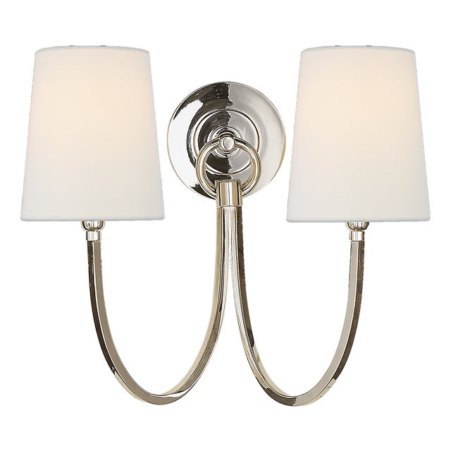 Thomas O'Brien for Visual Comfort Signature Reed Double Sconce in Polished Nickel with Linen Shades For Sale
