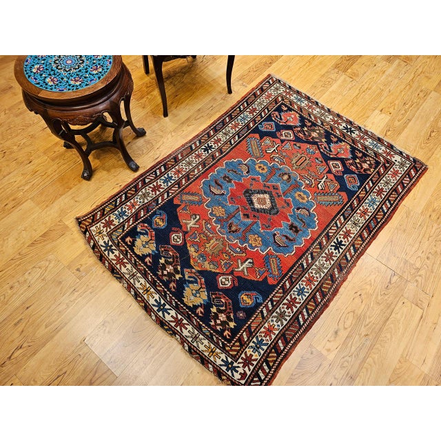 Antique Caucasian Kazak Area Rug, Handwoven Wool, Geometric Medallion Design, Late 1800s, 4' x 5' For Sale - Image 14 of 18