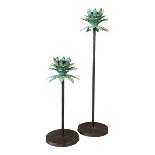 Pair of Tropical Palm Tree Metal Candle Holders With Verdigris Finish For Sale