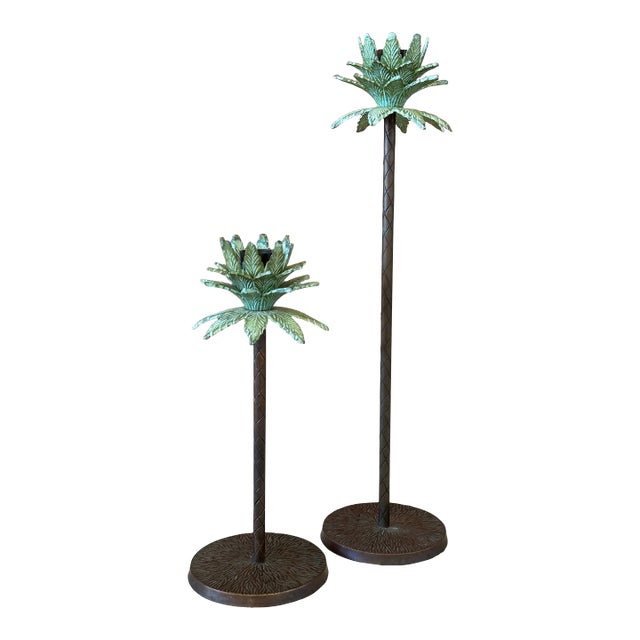 Pair of Tropical Palm Tree Metal Candle Holders With Verdigris Finish For Sale