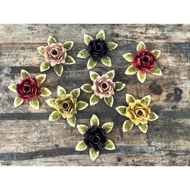 Vintage Hand Painted Tole Roses Candle Holders - Set of 8 For Sale - Image 4 of 12