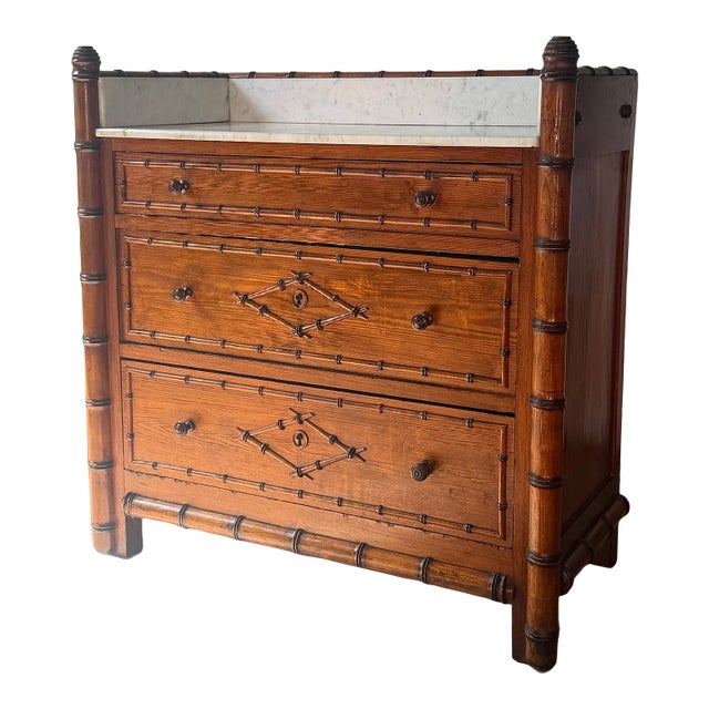 Late 19th Century French Faux Bamboo Marble Top Chest of Drawers For Sale