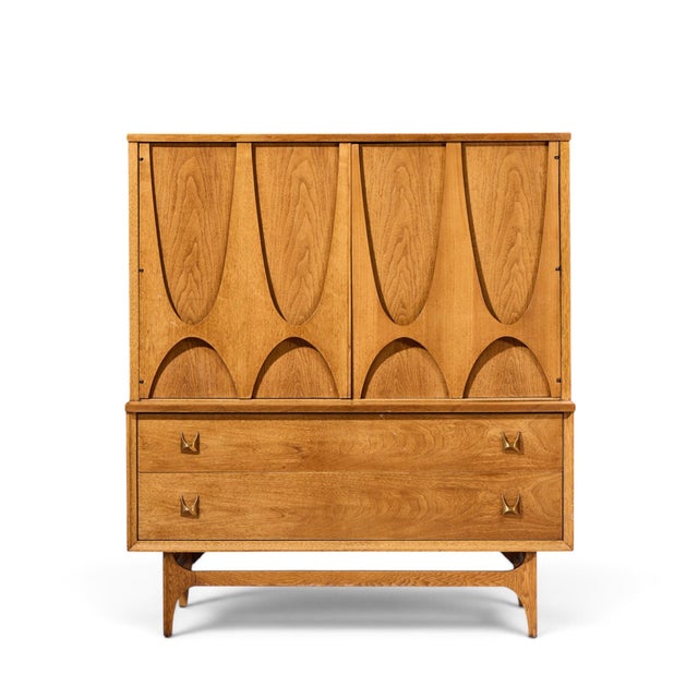 Broyhill Brasilia Mid Century Walnut and Brass Gentlemans Chest Highboy Dresser This highboy measures: 44 wide x 19.25...