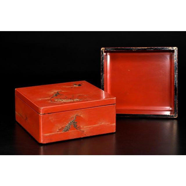 Japanese Antique Red Lacquered Snack Keepsake Box Hand Painted 2-Tier For Sale - Image 13 of 17