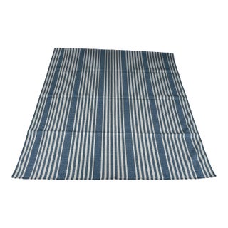 Handmade Thick Woolen Flat Weave Rug, Sky Blue and White Striped Wool Rug - 8'x8' For Sale