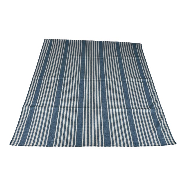 Handmade Thick Woolen Flat Weave Rug, Sky Blue and White Striped Wool Rug - 8'x8' For Sale