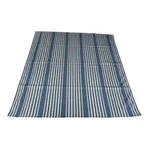Handmade Thick Woolen Flat Weave Rug, Sky Blue and White Striped Wool Rug - 8'x8'