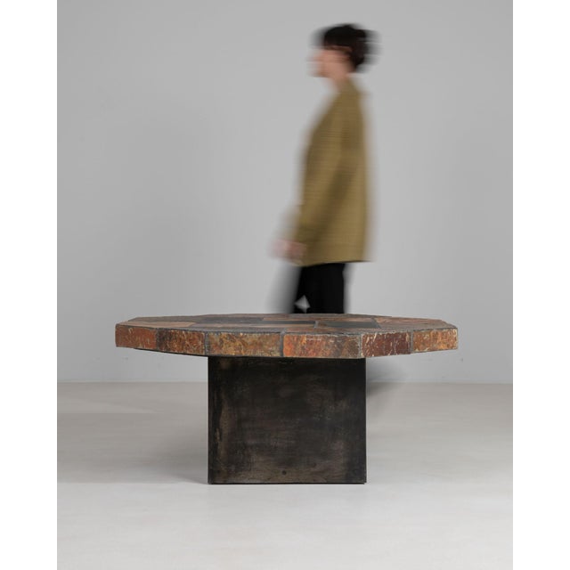 Octagonal Brutalist Slate Stone Table With Iron Base For Sale In Greensboro - Image 6 of 11