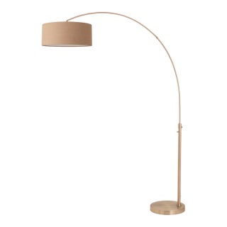 1960s 92" Nova of California Float Brass Floor Lamp Modern Arc Lamp, Burlap Drum Shade, Dimmable For Sale