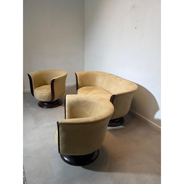 Brown Art Deco Tulip 2-Seater Sofa and Club Chairs from Hotel Le Malandre, Set of 3 For Sale - Image 8 of 11