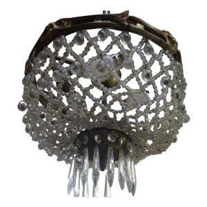 19thc French Antique Louis XVI Rococo Bronze Frame/ Crystal Beaded Ceiling Flush Mount Fixture/ Plafonnier/ Pendant