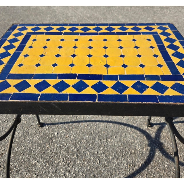 Moroccan Handcrafted Moroccan Mosaic Tile Accent Table / Plant Stand – Blue & Yellow For Sale - Image 3 of 6