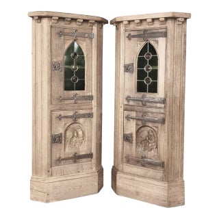 Pair Rustic Gothic Revival Oak Corner Wine Cabinets ~ Vitrines For Sale