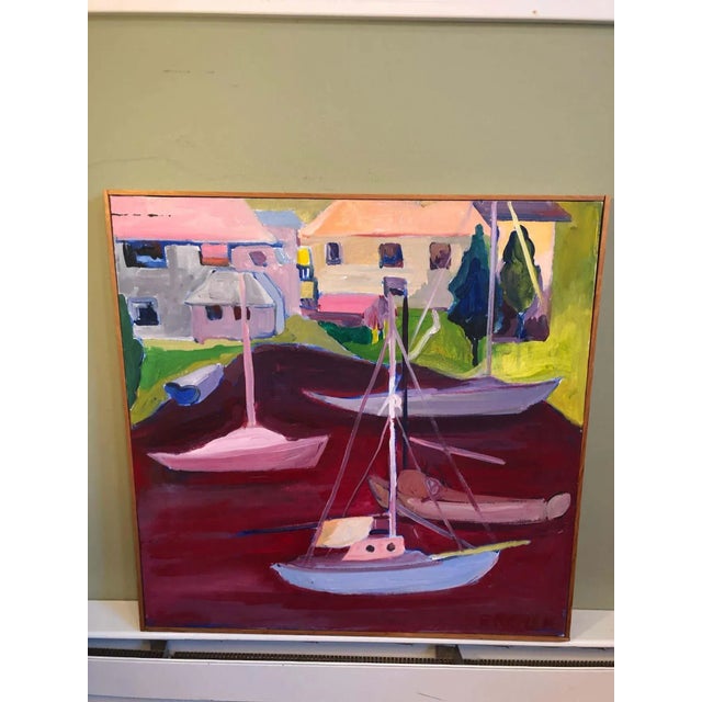 Signed Mid Century Modern abstract of sailboats. Signed by Silvermine Guild CT artist Ethel Renek. Dimensions Height:...