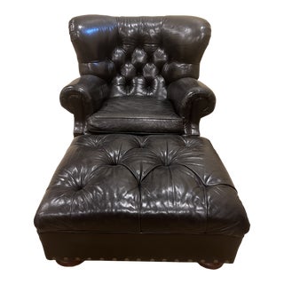2000s Ralph Lauren Black Leather Chair & Ottoman Set- 2 Pieces For Sale
