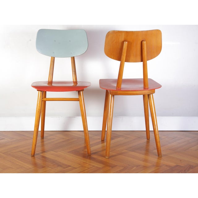 Lovely condition and color combination /light blue and red/orange seat, sound beech wood frame, no chips, breaks etc....