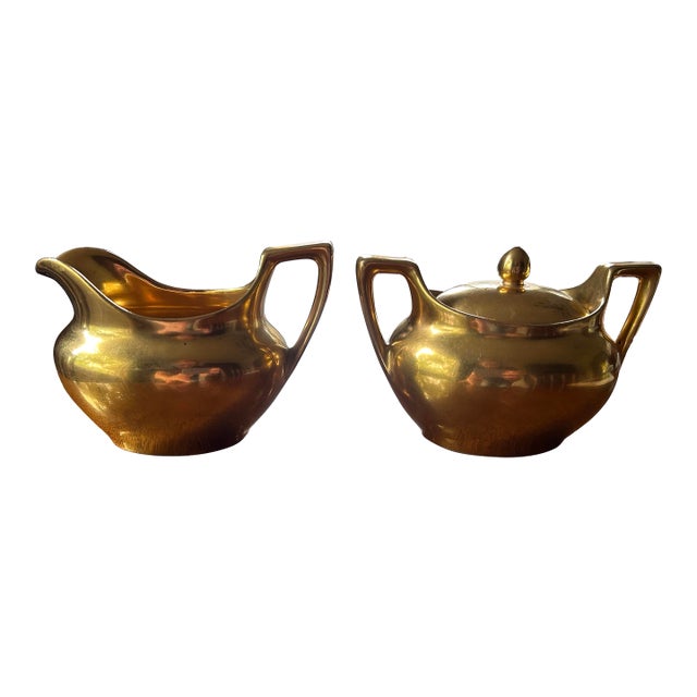 24k Gold Painted Creamer and Sugar, r.s. Tillowitz (Reinhold Schlegelmilch) in Silesia/Germany For Sale