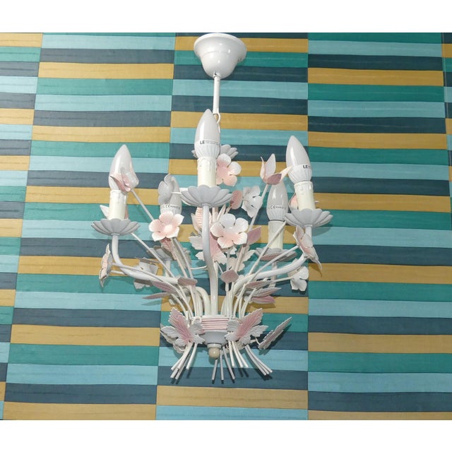 Vintage French Five Candle Chandelier with Pink Flowers by Massive, 1970s For Sale - Image 11 of 11