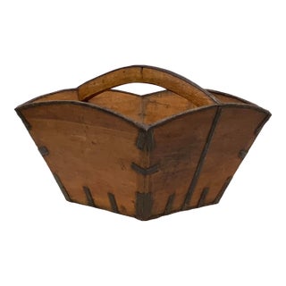 Antique Elm Wood Gathering Basket With Original Iron Details For Sale
