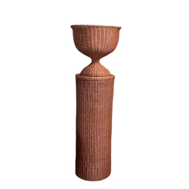 Vintage Mid-Century Woven Wicker Pedestal Urn Planter | Boho Chic Rattan Floor Stand For Sale - Image 4 of 12