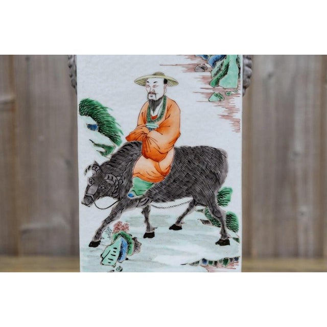 Antique Chinese Famille Verte Wucai Square Cong-Form Porcelain Vase For Sale - Image 12 of 18