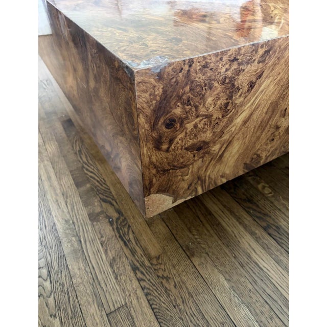 Stunning 1970s burl wood veneer square coffee table in the modernist block form. All surfaces — top, sides, and base —...