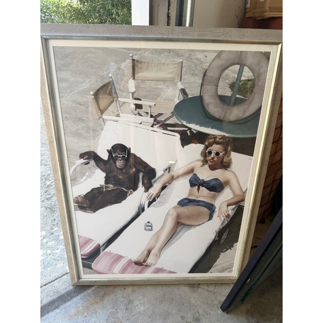 1990s Large 30x40 Hollywood Regency "Sunbathing With Chimpanzee" Framed Print by Mindthegap For Sale In Atlanta - Image 6 of 6
