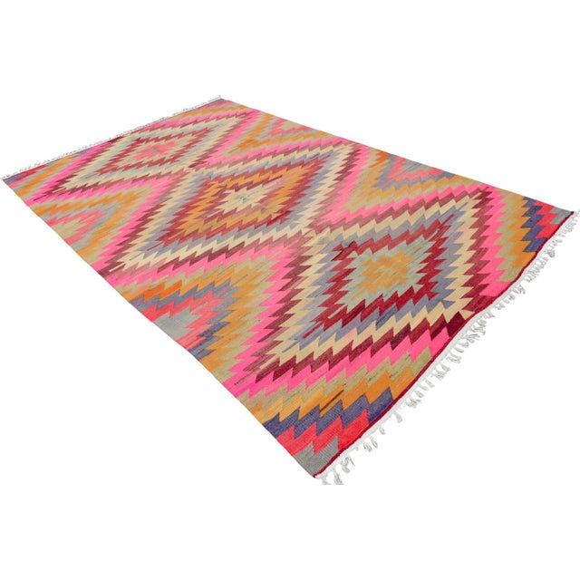 Hot Pink Turkish Handmade Rug Diamond Pattern Vintage Kilim Rug For Sale - Image 8 of 17